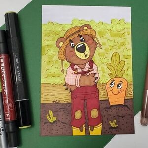 Cute Farmer Bear and Carrot | Original Marker Illustration